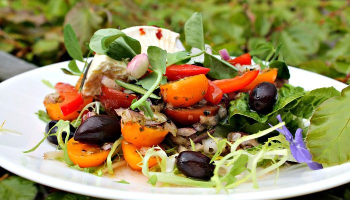 Salat med tomater, feta, løg, oliven samt ærteskud